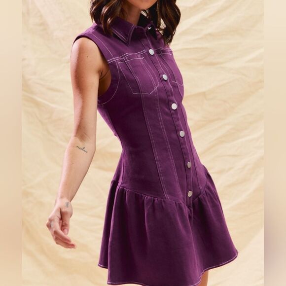 Purple Sleeveless Button-Down Dress White Stitching size Medium - Picture 13 of 14